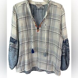 Johnny Was Effortless Peasant Boho Hippie Plaid and Paisley Women's Lux Blouse